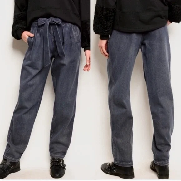 NWT VERY J Belted Bow Zip Button Relaxed fit Baggy Black Denim Jeans - Picture 1 of 7